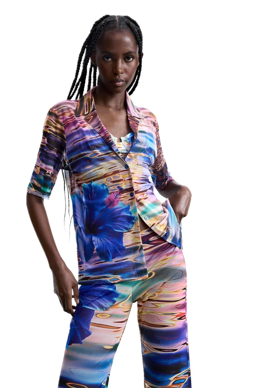 Desigual Cancun Large Flower Print Fluid Shirt 26SWCK07 Blue - Image 1