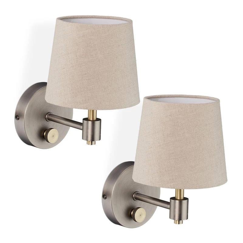 Relaxdays Wall Light, Set of 2, Dimmable, with Switch, Fabric Lampshade, Vintage Sconce, E14, 23x15x21 cm, Beige/Silver