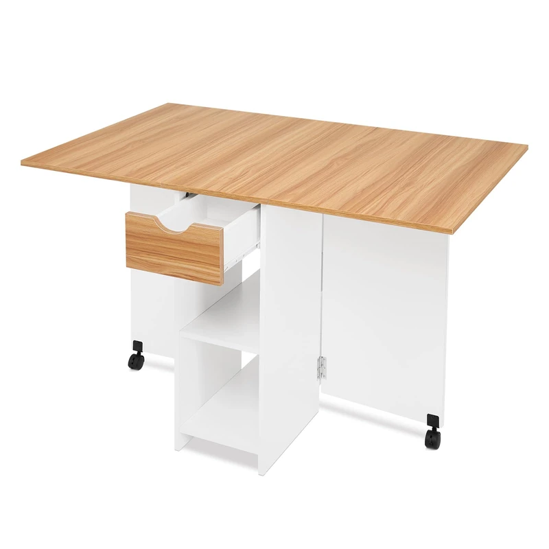 Mondeer Dining Table, Folding Kitchen Table for 4-6 People, Folding Table with Drawer and 2 Open Shelves for Small Spaces, Dining Room, Kitchen, 120 x 72 x 75 cm, White + Red Oak - Image 1