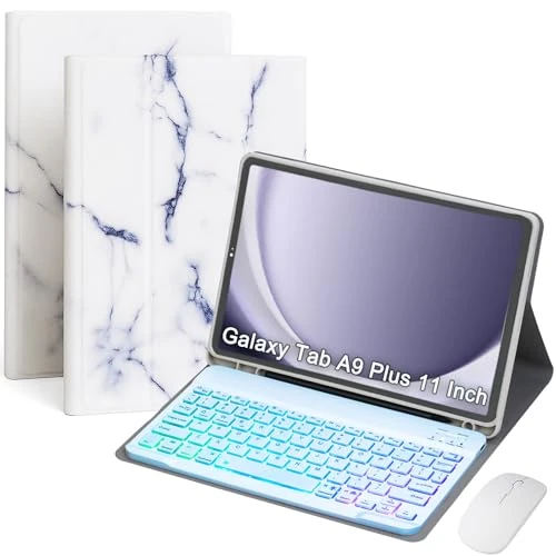 VLEAQC Keyboard Case for Samsung Galaxy Tab A9+/A9 Plus 11 Inch 2023 (SM-X210/X216/X218), Detachable Color Backlit Bluetooth Keyboard and Mouse, Lightweight Stand Cover with Pen Holder (White Marble)