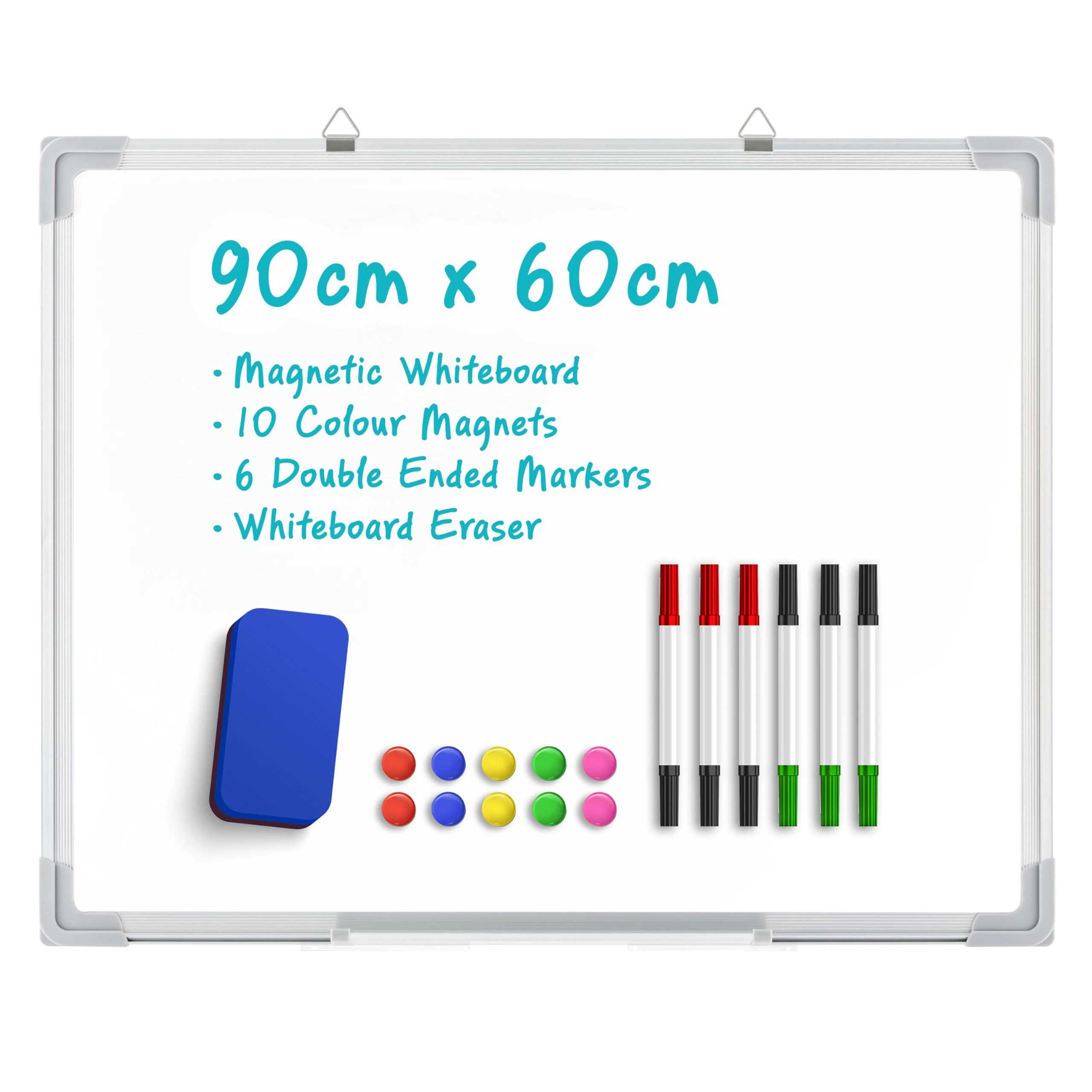 Magnetic Whiteboard 90 X 60 cm, Wall Hanging White Board with 10 Colour Magnets, 6 Double Ended Market Pens,Whiteboard Eraser, Drawing Memo Notice Board for Office, School