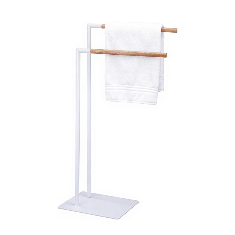 Amig – White freestanding towel rail with wooden bars – Double support for bath towels – Minimalist style with stable metal base – No drilling required
