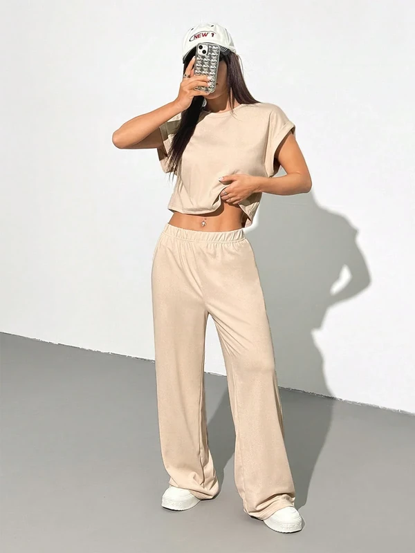 Women’s 2 Piece Lounge Set with Cap Sleeve Top and Wide Leg Pants Casual Matching Outfit for Summer or Daily Wear, Beige, Small