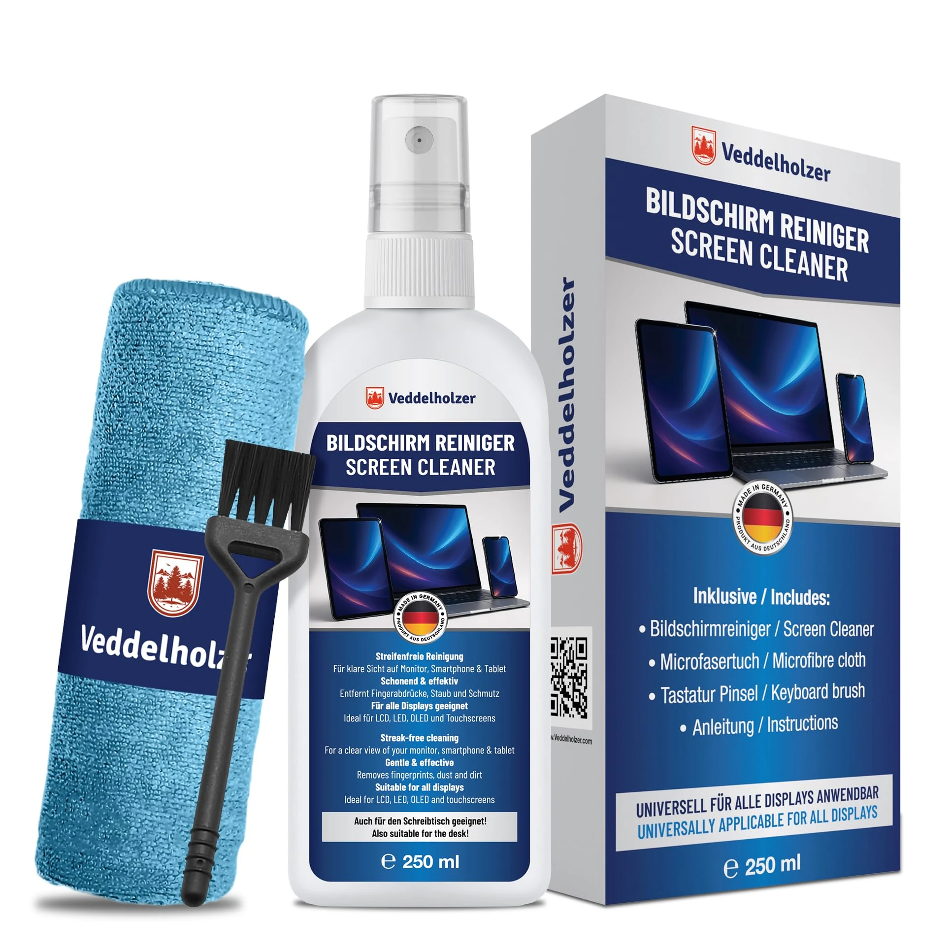 Veddelholzer 250 ml Screen Cleaner Set – Display cleaner with microfibre cloth & keyboard brush – For laptops, monitors, TVs, smartphones, car displays – Streak-free cleaning for all screens