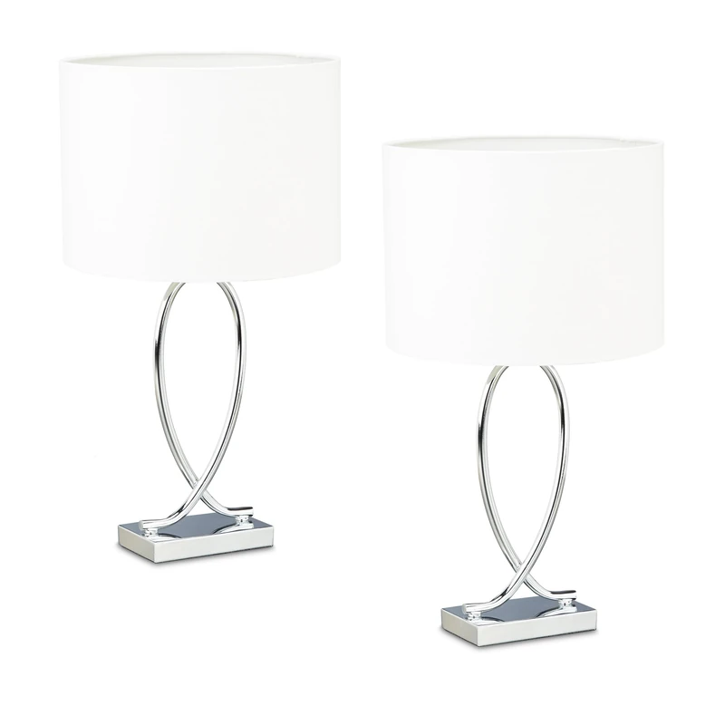 Relaxdays table lamp set, metal base, fabric shade, E27, 51x28x18 cm, bedside lamp, silver-white