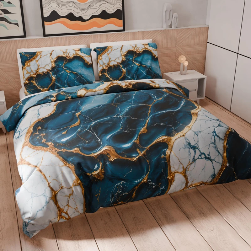 PETTI Artigiani Italiani - Double Duvet Cover Set 230 x 220 cm (2 Pillowcases 75 x 50 cm Included), Microfibre Duvet Cover Set with Blue Marble Effect Digital Print - Made in Italy