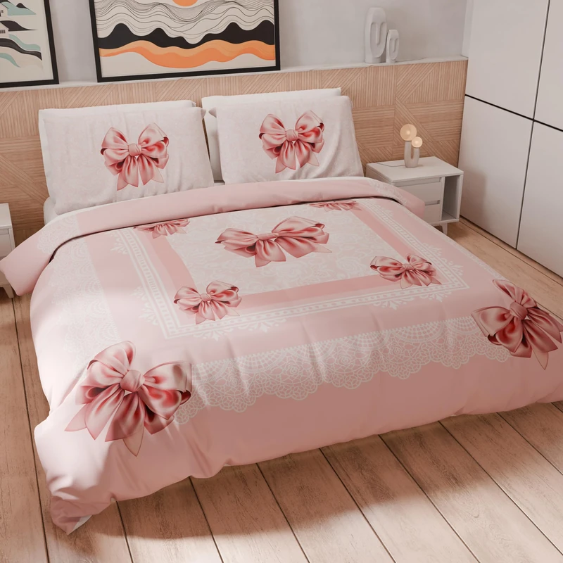 PETTI Artigiani Italiani - Maxi Double Duvet Cover Set 260 x 220 cm (2 Pillowcases 75 x 50 cm Included), Microfibre Duvet Cover Set with Digital Print Pink Bow - Made in Italy