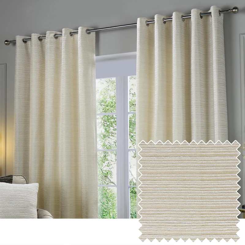 Paoletti Jupiter Room Darkening Eyelet Curtain Pair – Elegant Jacquard Chenille Lined Ring Top Drapes (Ivory/Gold - 168x229cm)