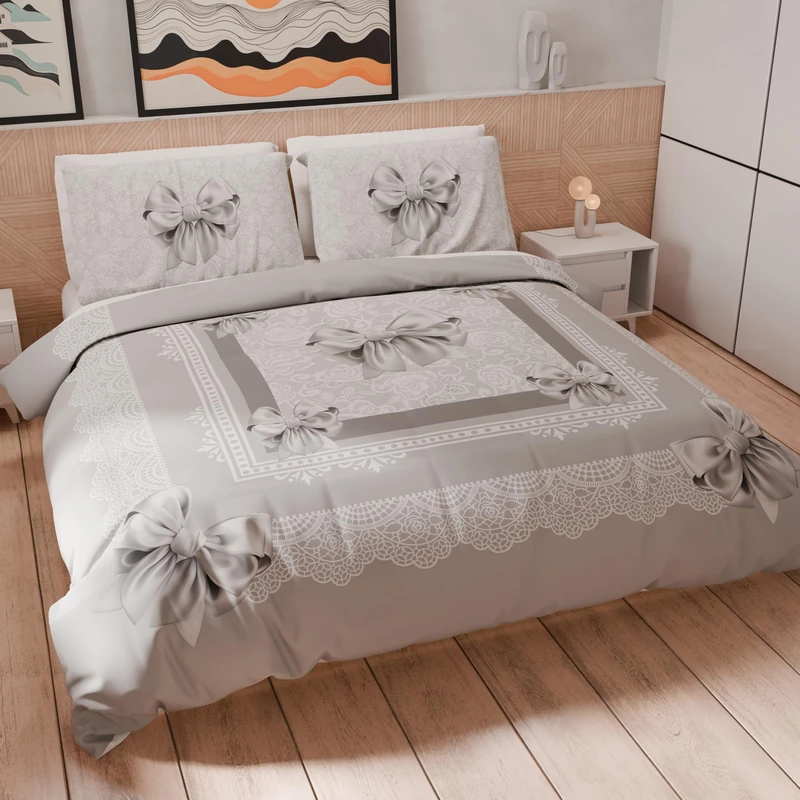 PETTI Artigiani Italiani - Maxi Double Duvet Cover Set 260 x 240 cm (2 Pillowcases 63 x 63 cm Included), Microfibre Duvet Cover Set with Digital Print Grey Bow - Made in Italy