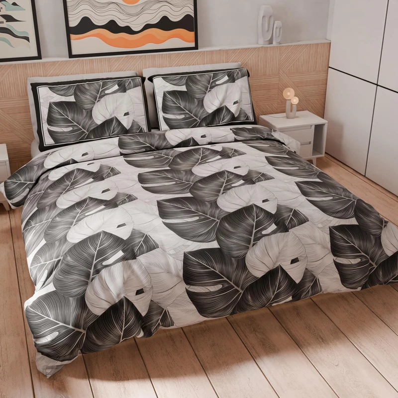 PETTI Artigiani Italiani - Maxi Double Duvet Cover Set 260 x 240 cm (2 Pillowcases 63 x 63 cm Included), Microfibre Duvet Cover Set with Digital Print Tropical Black A - Made in Italy