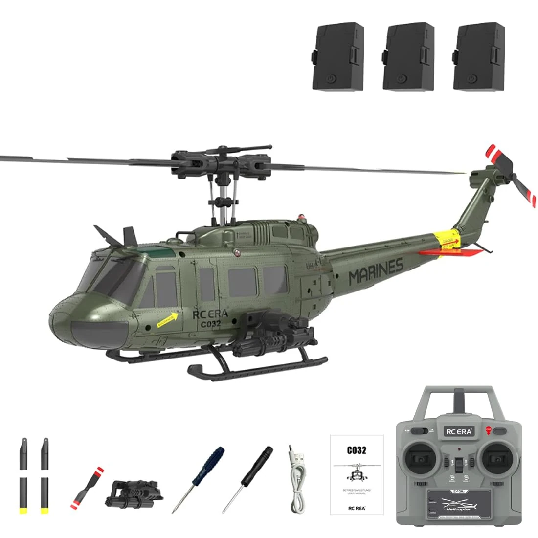 RC Helicopter, RC ERA C032 UH-1 Huey Remote Control Helicopter, One-Key Takeoff Landing, 3D Flight, Altitude Hold, Optical Flow Positioning, Gift for Teens Adults (Green/3 Battery)