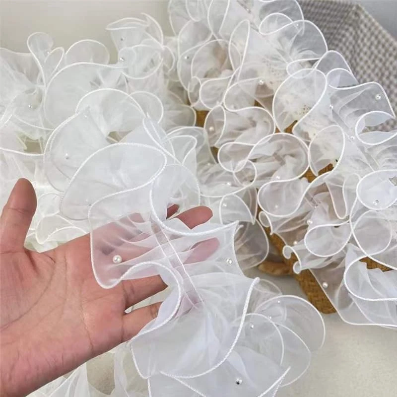 6.56Ft Organza Pleated Fabric 4.3" White Ruffled Ribbon Pearl Lace Edge Trim for Applique Sewing Craft Wedding Dress Embellishment DIY Decor