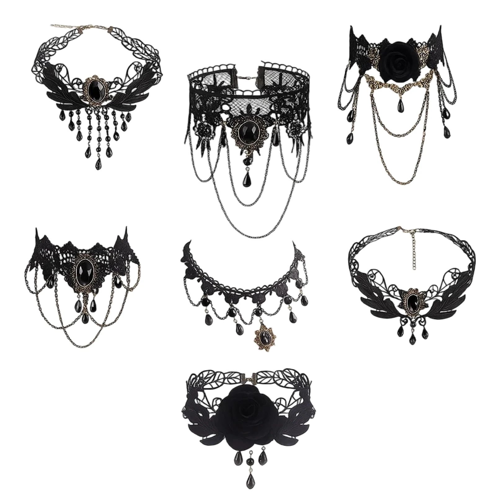 ZcrPrn Gothic Jewellery, Gothic Jewellery for Women, 7 Unique Styles for Black Lace Choker Necklace, Perfect for Special Concerts, Parties, Halloween, Christmas and Daily Wear