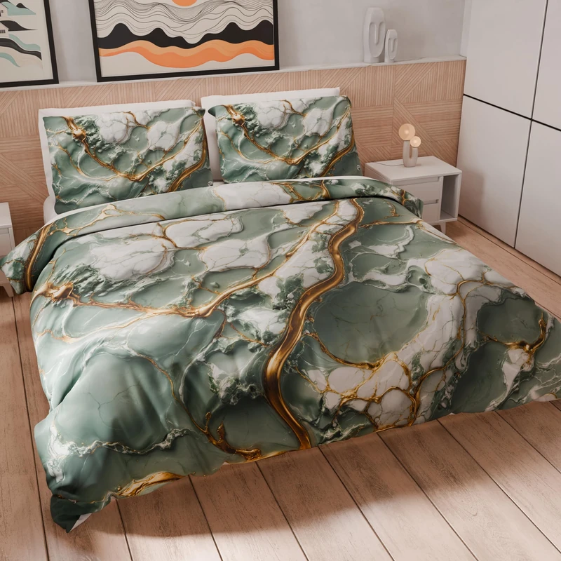 PETTI Artigiani Italiani - Double Duvet Cover Set 220 x 200 cm (2 Pillowcases 80 x 80 cm Included), Microfibre Duvet Cover Set with Digital Print Sage Marble Effect - Made in Italy - Image 1