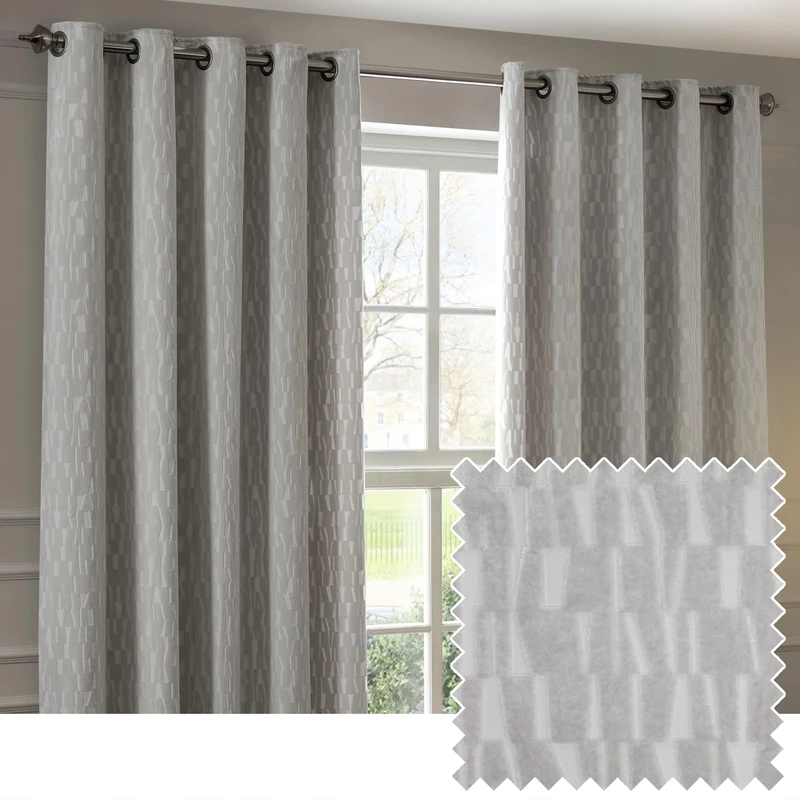 Paoletti Manhattan Room Darkening Eyelet Curtain Pair – Elegant Velvet Geometric Textured Lined Ring Top Drapes (Silver - 168x183cm)