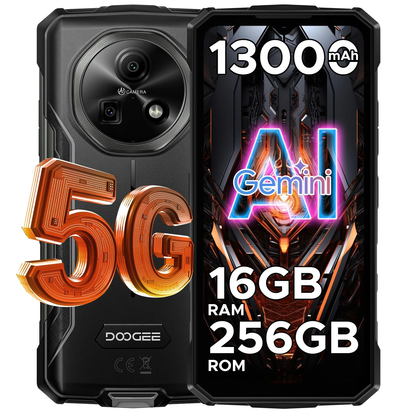 DOOGEE Fire 7 Rugged Smartphone 5G, Android 15 AI Rugged Phone, 13000mAh/18W, 16GB+256GB/2TB，6.6” HD+ 90Hz Octa-Core Android Phone, 64MP+16MP, Side Fingerprint, Face ID/OTG/NFC/Triple Card - Gray