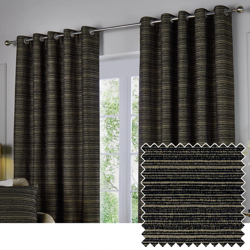 Paoletti Jupiter Room Darkening Eyelet Curtain Pair – Elegant Jacquard Chenille Lined Ring Top Drapes (Black/Gold - 229x229cm)