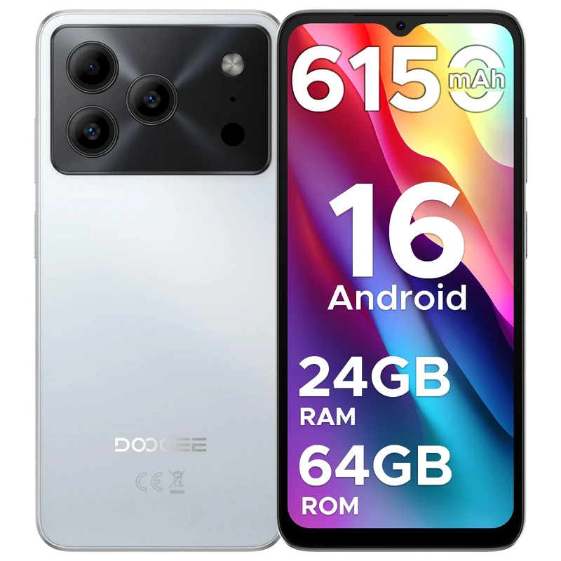 DOOGEE Note 56 Mobile Phones, Newest Android 16 Smartphone, 6150mAh, 8.45mm Ultra-Slim, 6.56" HD+ 90Hz, 24GB + 64GB/2TB Android Phones, 4G Dual SIM Unlocked Mobile Phone, Face ID, GPS, OTG, FM-White