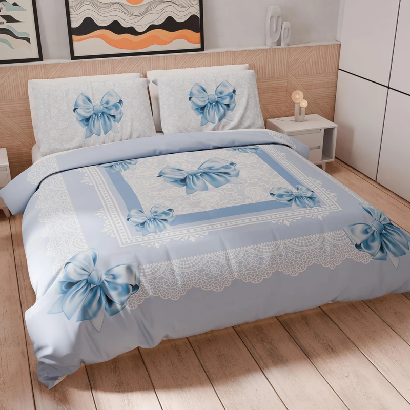 PETTI Artigiani Italiani - Double Duvet Cover Set 200 x 200 cm (2 Pillowcases 63 x 63 cm Included), Microfibre Duvet Cover Set with Digital Print Light Blue Bow - Made in Italy