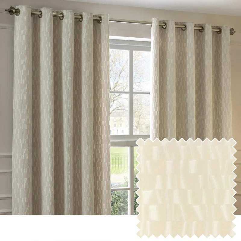 Paoletti Manhattan Room Darkening Eyelet Curtain Pair – Elegant Velvet Geometric Textured Lined Ring Top Drapes (Ivory - 229x229cm)