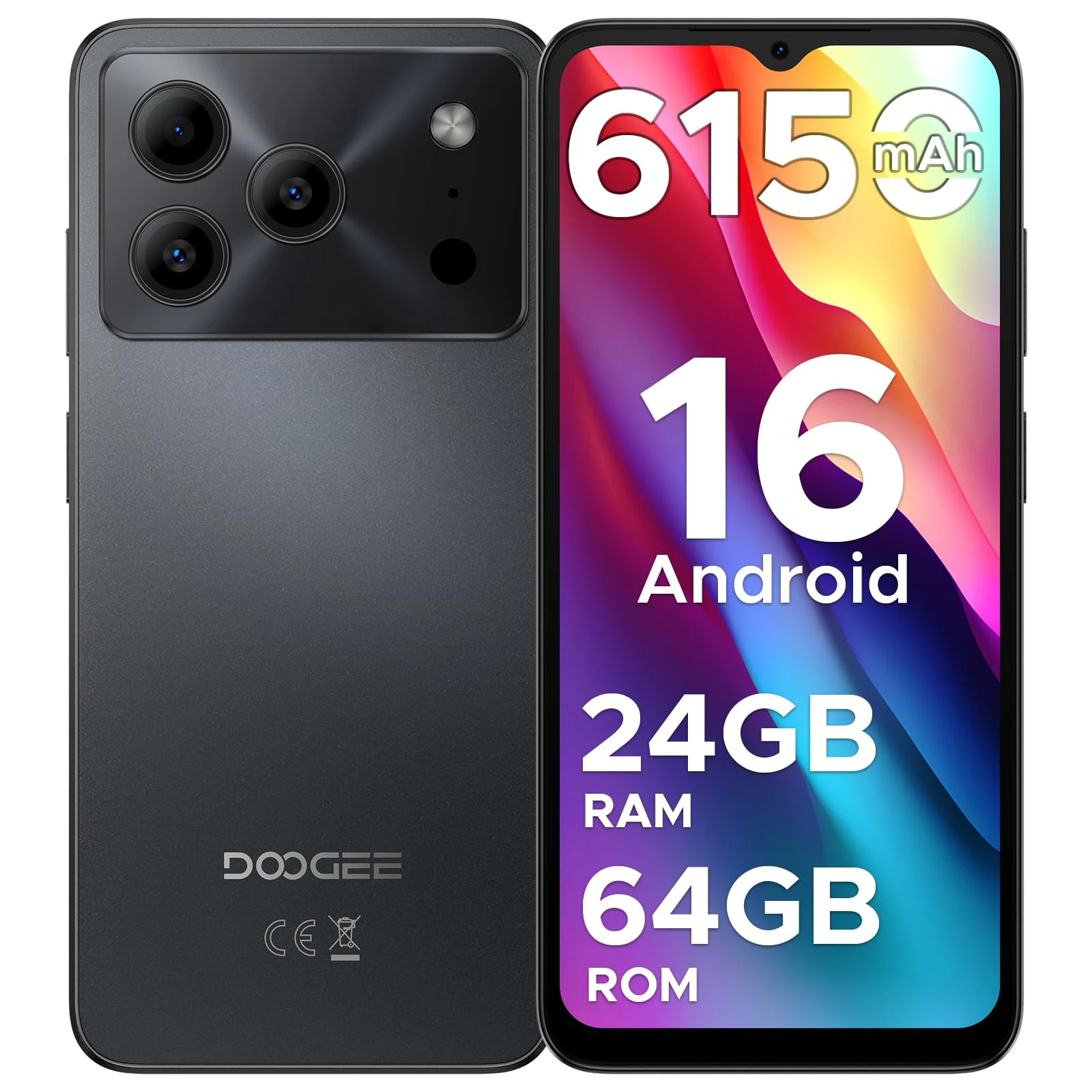 DOOGEE Note 56 Mobile Phones, Newest Android 16 Smartphone, 6150mAh, 8.45mm Ultra-Slim, 6.56" HD+ 90Hz, 24GB + 64GB/2TB Android Phones, Dual SIM Unlocked Mobile Phone, Face ID, GPS, OTG, FM-Black