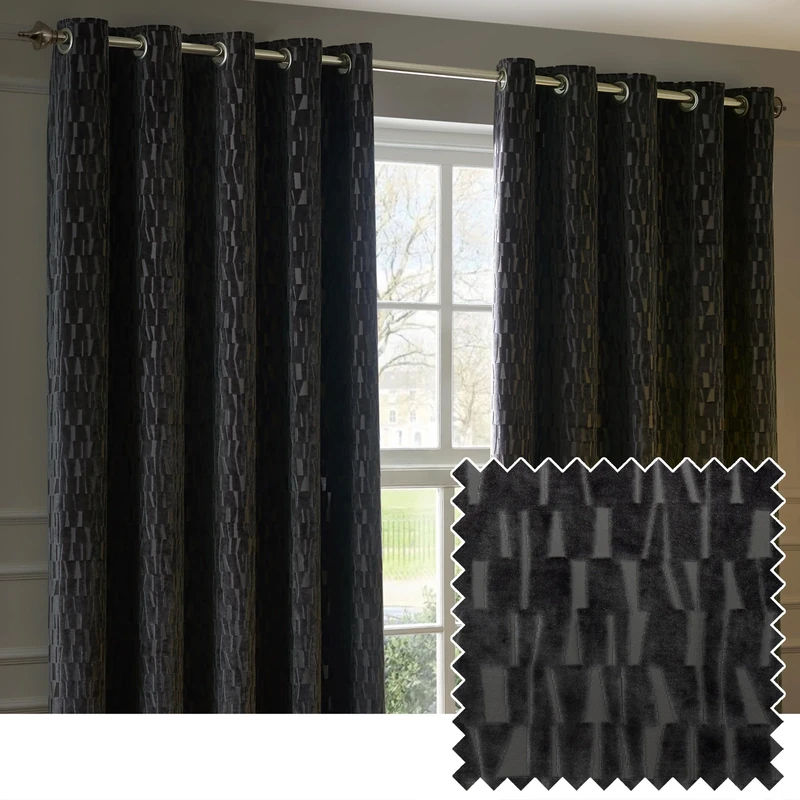 Paoletti Manhattan Room Darkening Eyelet Curtain Pair – Elegant Velvet Geometric Textured Lined Ring Top Drapes (Charcoal - 168x229cm)