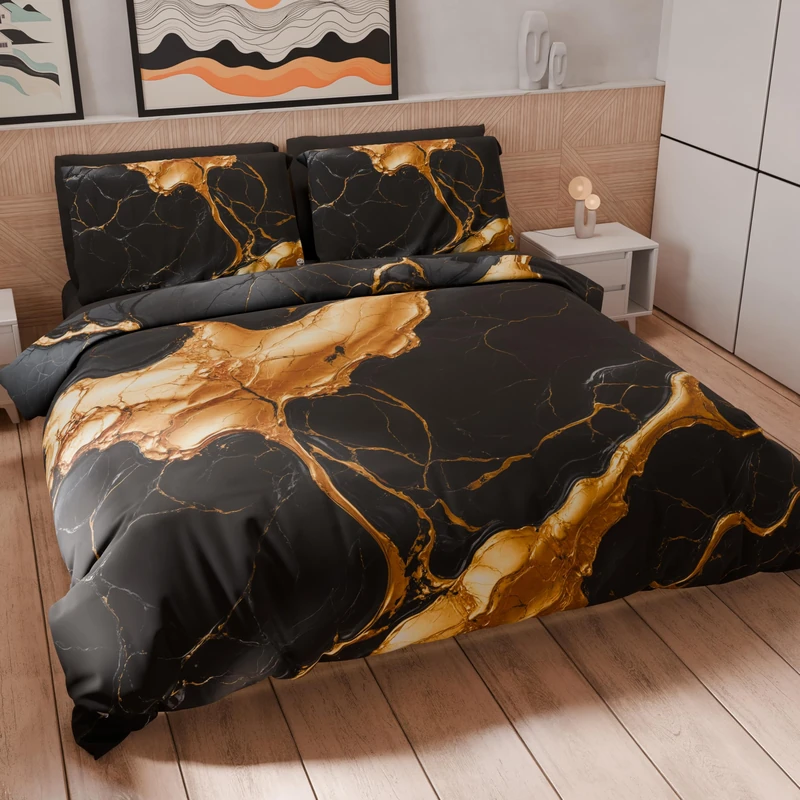 PETTI Artigiani Italiani - Maxi Double Duvet Cover Set 240 x 220 cm (2 Pillowcases 80 x 80 cm Included), Microfibre Duvet Cover Set with Digital Print Marble Effect Black and Gold - Made in Italy