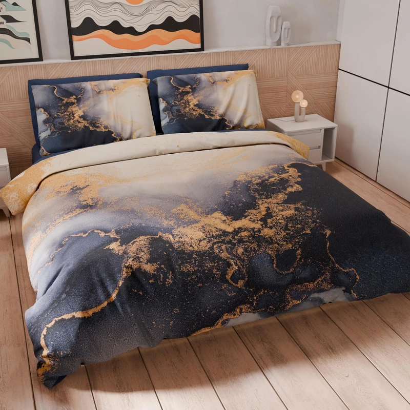PETTI Artigiani Italiani - Double Duvet Cover Set 200 x 200 cm (2 Pillowcases 75 x 50 cm Included), Microfibre Duvet Cover Set with Digital Marble Print Dark Blue - Made in Italy