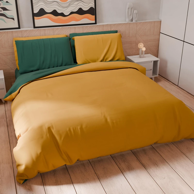 PETTI Artigiani Italiani - Maxi Double Duvet Cover Set 240 x 220 cm (2 Pillowcases 80 x 80 cm Included), Soft Microfibre Duvet Cover Set, Solid Colour Emerald Green - Yellow Ochre