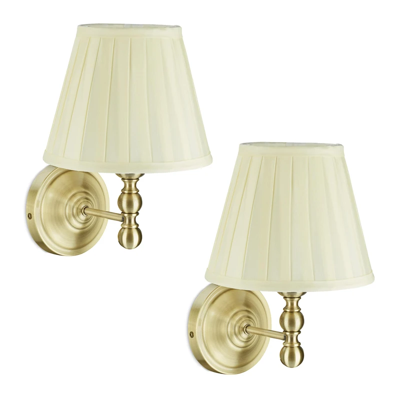Relaxdays Wall Light, Set of 2, Bedroom Sconce, Fabric Lampshade, Vintage Design, E14, HWD: 30x20x23.5cm, Ivory/Brass