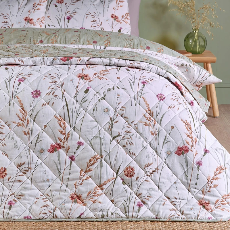 Catherine Lansfield Brushed Grasmere Floral Cotton Reversible 200x220cm Quilted Bedspread Green