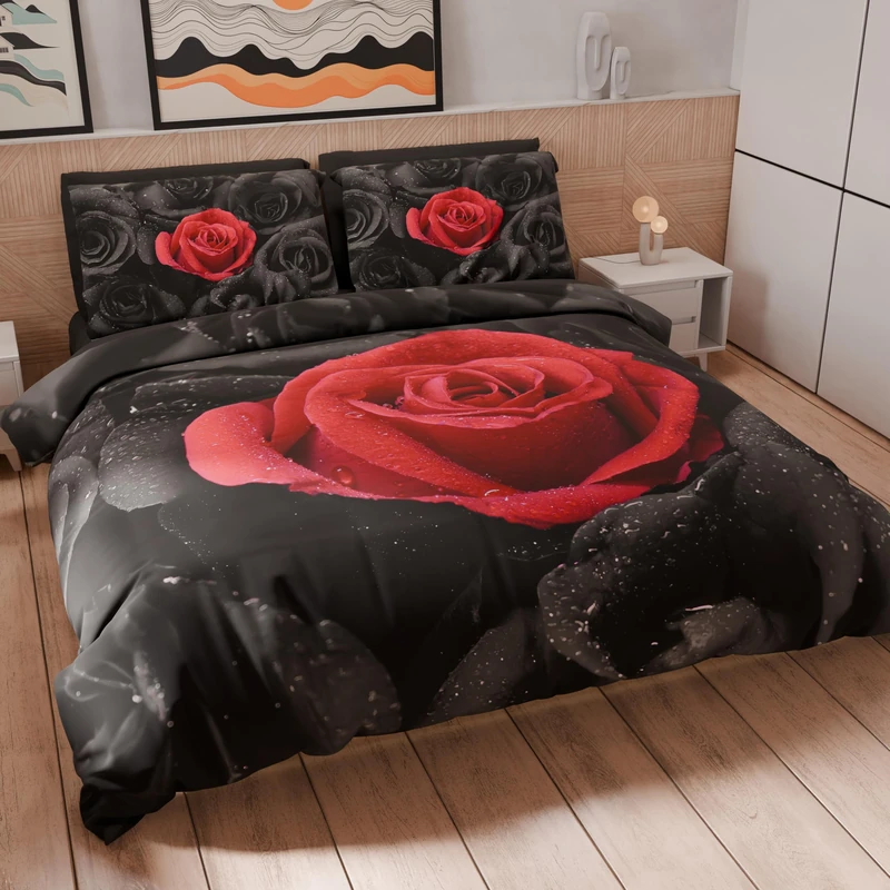 PETTI Artigiani Italiani - Maxi Double Duvet Cover Set 260 x 220 cm (2 Pillowcases 75 x 50 cm Included), Microfibre Duvet Cover Set with Black Roses Digital Print - Made in Italy