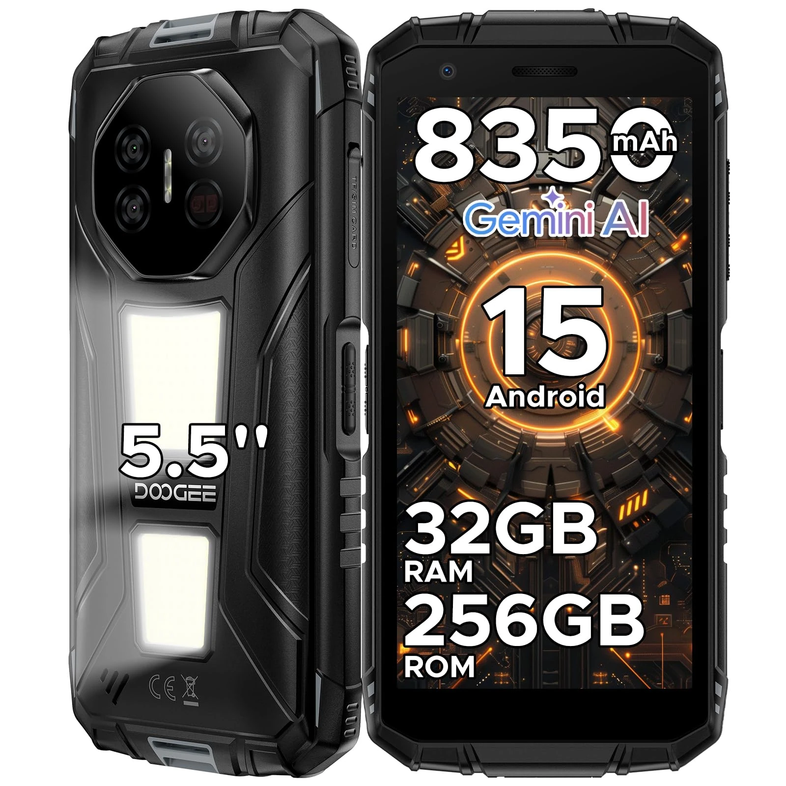 DOOGEE Fire 3 Max Rugged Smartphone, Android 15 Rugged Phone, 32GB+256GB/2TB, 8350mAh Waterproof Phone with 2 Camping Lights, 5.5'' HD Sim Free mobile phones, 48MP+8MP,Widevine L1, Face ID, NFC, GPS