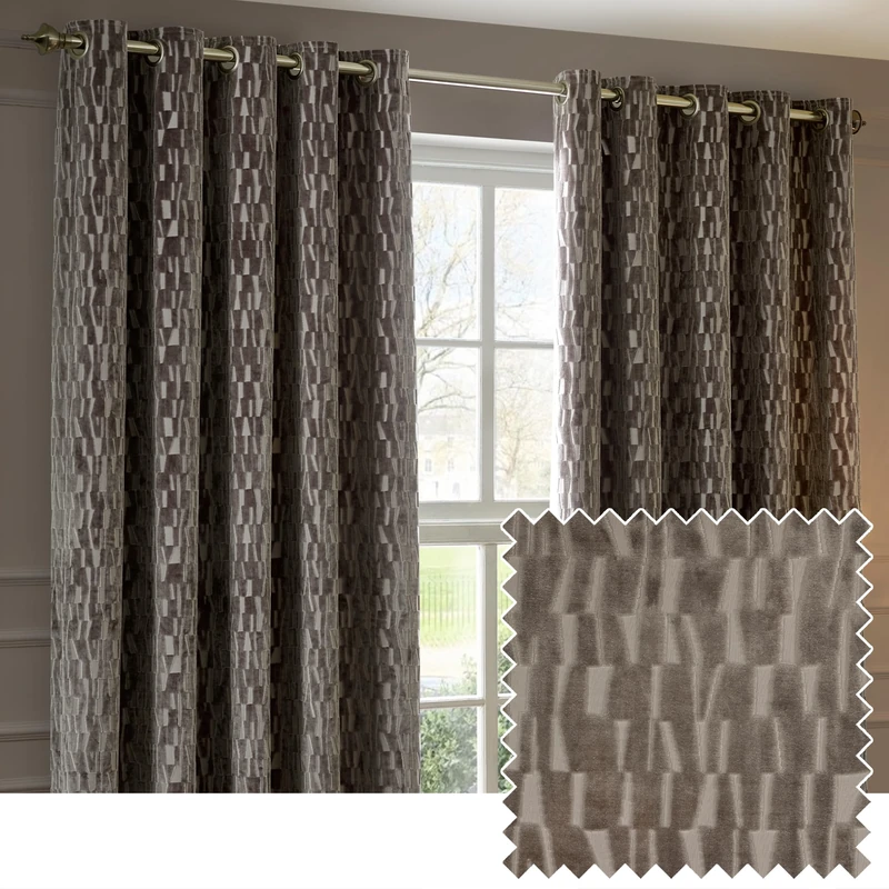 Paoletti Manhattan Room Darkening Eyelet Curtain Pair – Elegant Velvet Geometric Textured Lined Ring Top Drapes (Mink - 168x183cm)