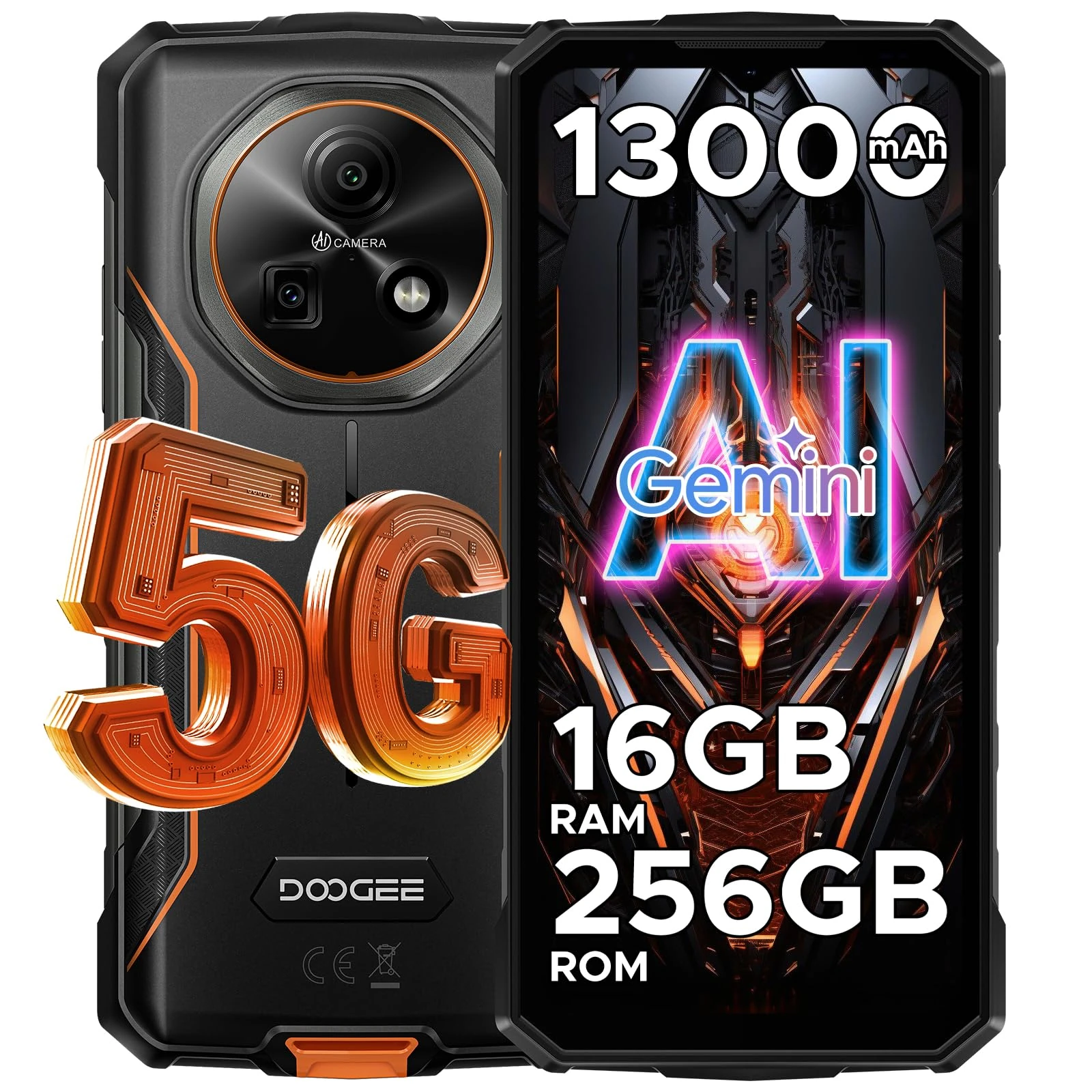 DOOGEE Fire 7 Rugged Smartphone 5G, Android 15 AI Rugged Phone, 13000mAh/18W, 16GB+256GB/2TB，6.6” HD+ 90Hz Octa-Core Android Phone, 64MP+16MP, Side Fingerprint, Face ID/OTG/NFC/Triple Card - Orange