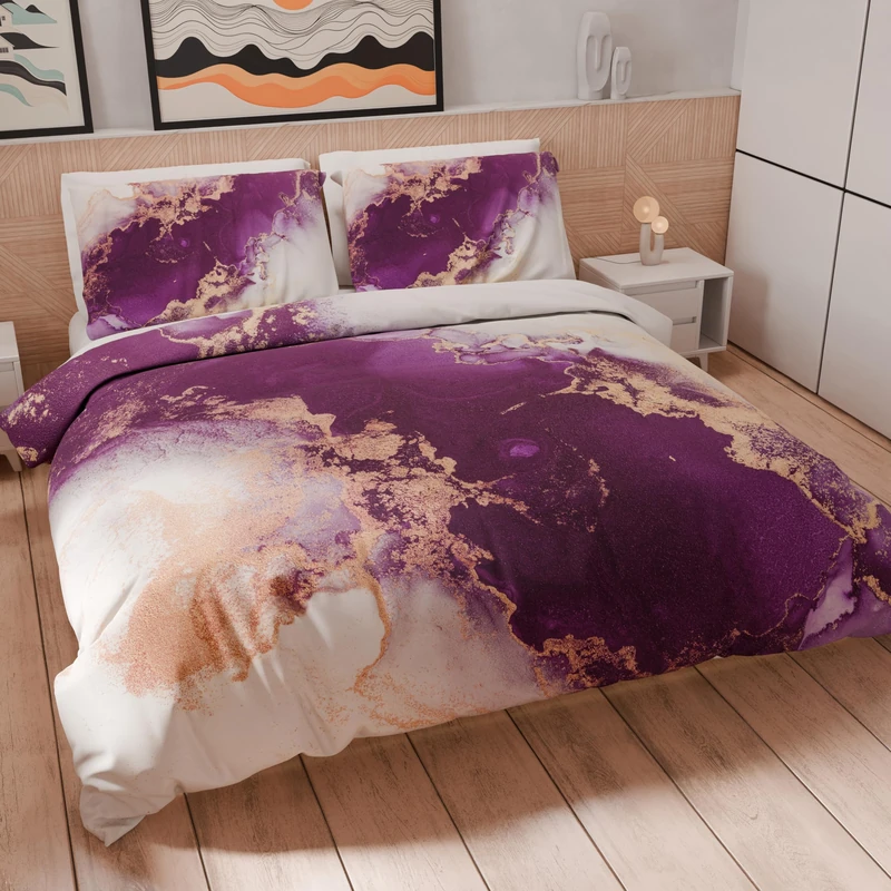 PETTI Artigiani Italiani - Double Duvet Cover Set 200 x 200 cm (2 Pillowcases 63 x 63 cm Included), Microfibre Duvet Cover Set with Purple Marble Digital Print - Made in Italy