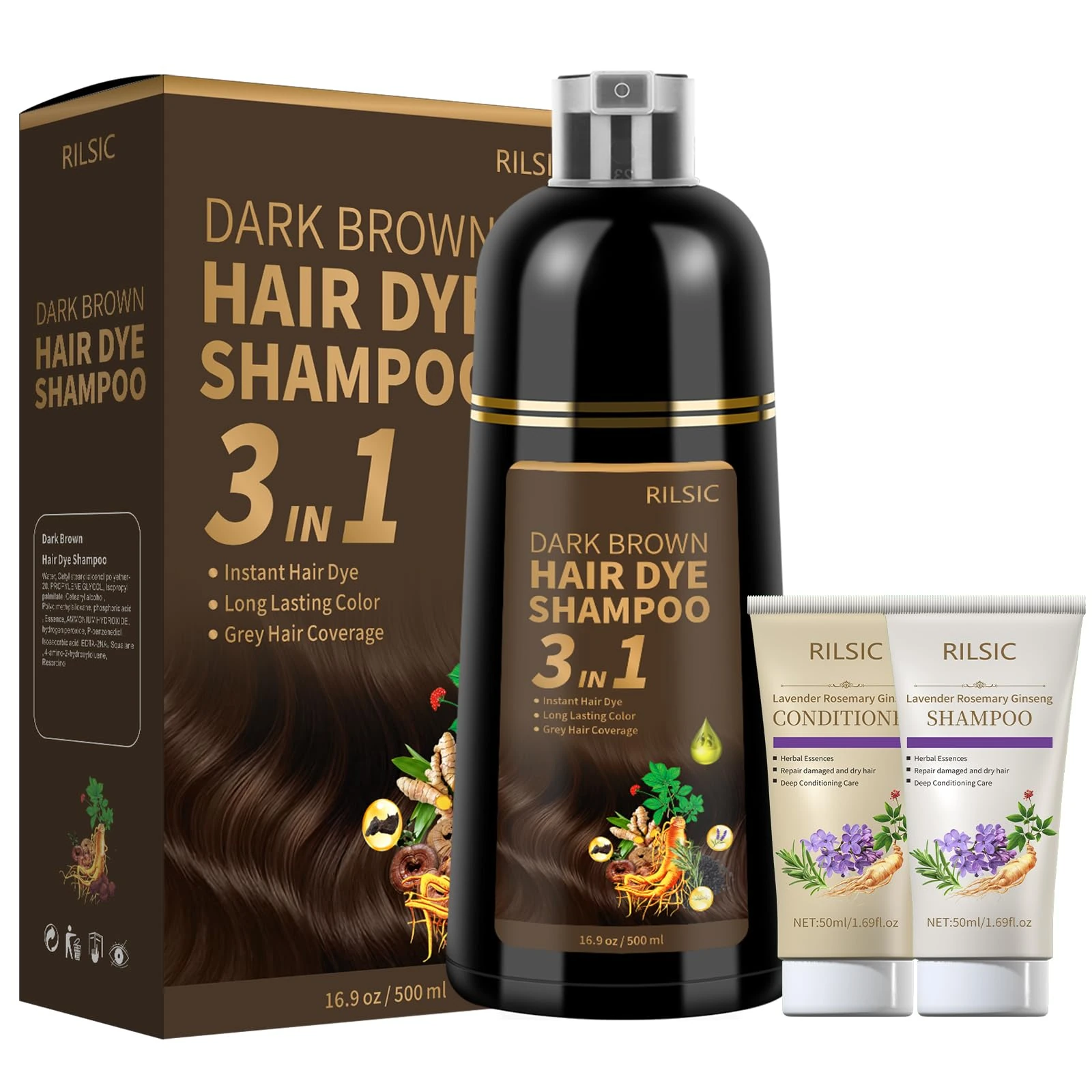 RILSIC Dark Brown Hair Dye Shampoo 3 in 1 for Grey Hair Coverage, 500ML Herbal Instant Hair Color & 50ML Shampoo & 50ML Conditioner, Long Lasting-Natural,Hair Colour Coloring in Minutes for Women Men