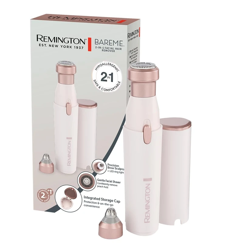 Remington Women's Face Shaver [2 in 1: Face Shaver and Eyebrow Trimmer] BareMe (Waterproof, Upper Lip, Chin and Cheek Hair Removal, Battery, USB-C, Brush and Cap) WFS200