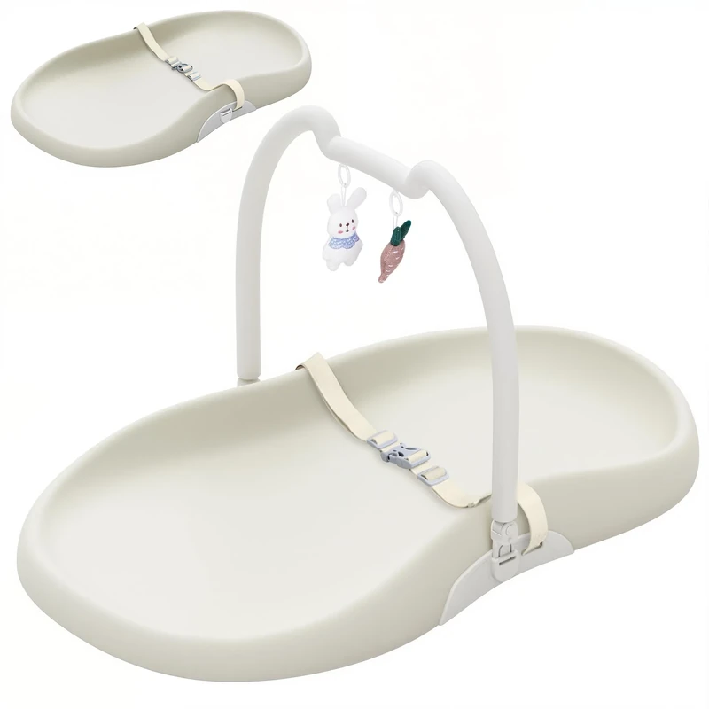 UBRAVOO Baby Changing Mat with Safety Harness and Cat Ear Toys Shelf, Anti-Roll Wedge Baby Changing Pad, Easy Wipe Clean Waterproof with Raised Padded Edges (Beige, Upgrade Style)