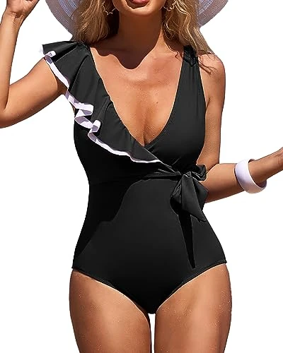 Generic Ruffle V-Neck Wrap Monokini Swimsuit - Black Small