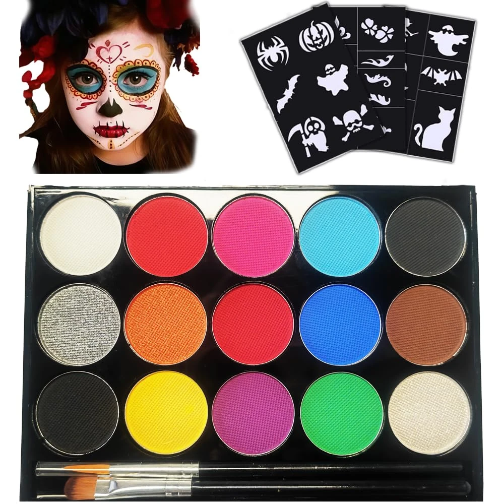 Face Paint Kit，15 Colours Face and Body Painting Palette, Washable Face Paints, Safe Body Paints for Adults, Children, Halloween Party Carnival, Makeup Paint Non-Toxic（2 Brushes 22 Stencils）