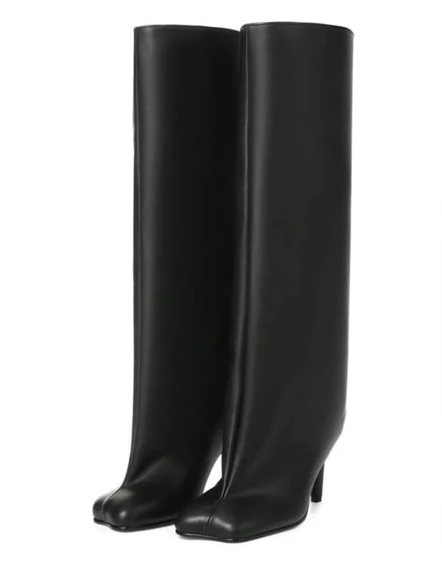 Wnshonzy Knee High Boots for Women Faux Suede Wide Calf Square Toe Tall Stiletto Kitten High Heels Thigh Long Fall Boot Pull on Fashion Casual Cute Y2K, Black Pu, 4 UK