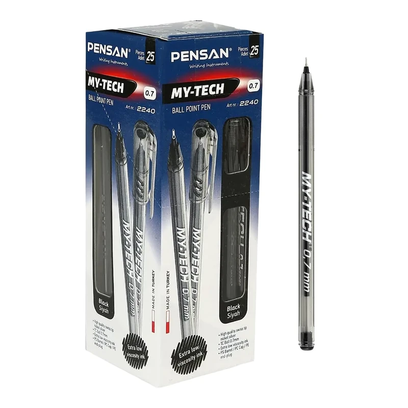 Pensan My Tech 2240 Ballpoint Pens – Pack of 25, 0.7 mm – Swiss Tip, Smooth Low-Viscosity Ink – Ideal for Office & School Use (Black)