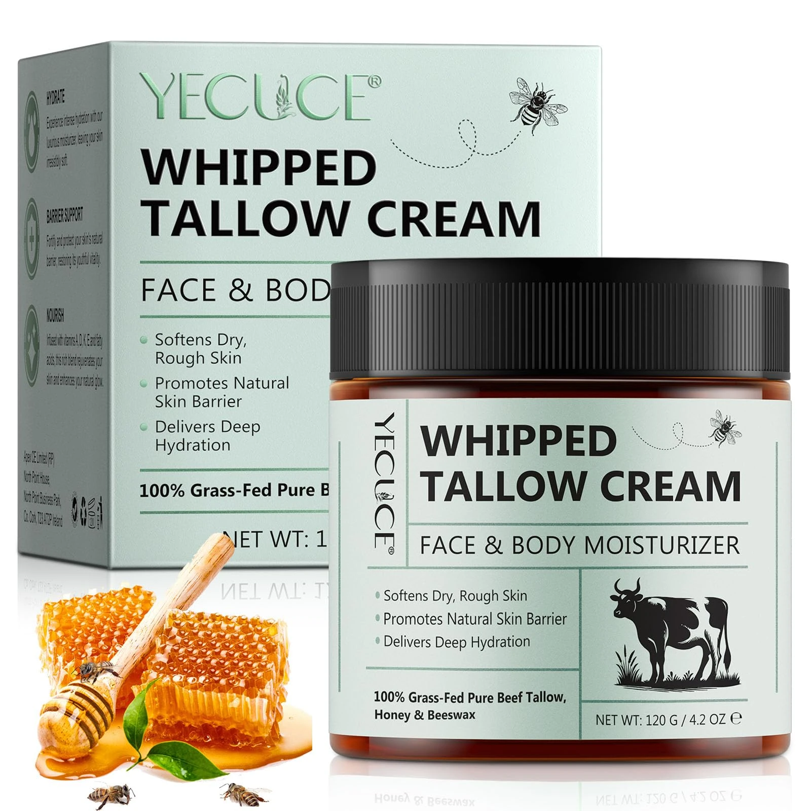 Beef Tallow Skin Care Cream - Whipped Tallow Cream for Face & Body, 120g 100% Grass Fed Pure Natural Women & Men Face Tallow and Honey Balm Moisturiser for Dry Skin