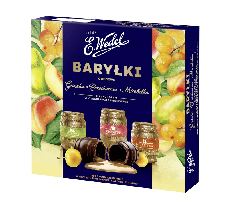 E.Wedel Chocolate Box | Peach Pear and Mirabelle | Happy Barrels Liqueur Chocolates Gift Box, Pack of 1 x 200g, Chocolate box with Alcoholic Filling