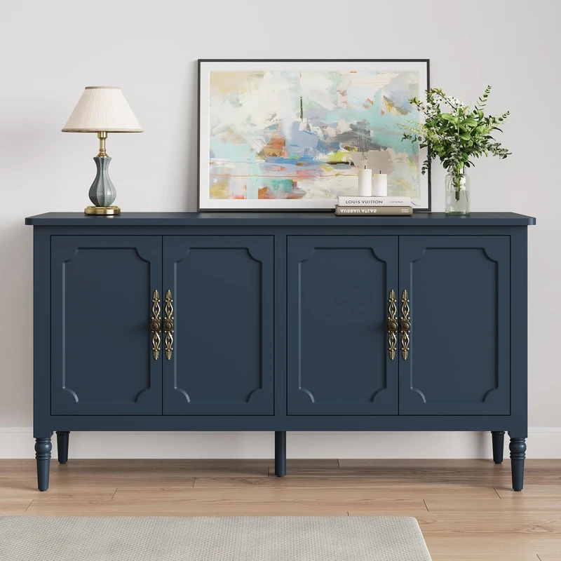 SUNVIVI Sideboard Buffet Cabinet with Storage: 58'' Mid Century Modern Crendenza Accent Cabinet, TV Stand with 4 Doors and Adjustable Shelves for Entryway, Kitchen, Living Room, Blue