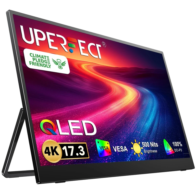 UPERFECT QLED 4K Portable Monitor 17.3" Gaming Screen 100% DCI-P3 500nits Display w/Kickstand & VESA, UHD 3840x2160, Eye Care Matte Display, Frameless HDMI USB C Ports for PC, Laptop, Phone