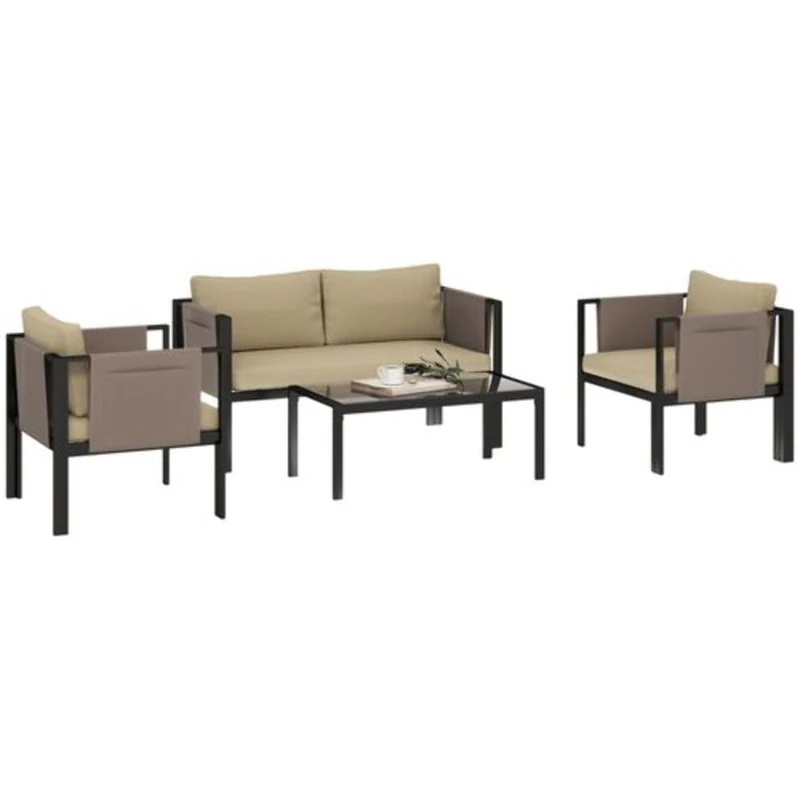 Outsunny 4 Piece Garden Sofa Set w/Tempered Glass Coffee Table Khaki