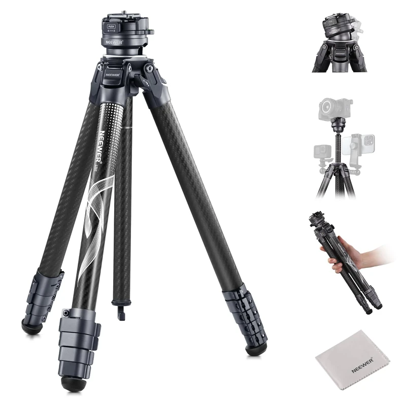 NEEWER LITETRIP LT32 Camera Travel Tripod, Carbon Fiber Portable Stand, Ball Head Detachable Center Axis Flip Buckle Cleaning Cloth Arca QR Plate Compatible with Peak Design Capture V3 (Former TP62)
