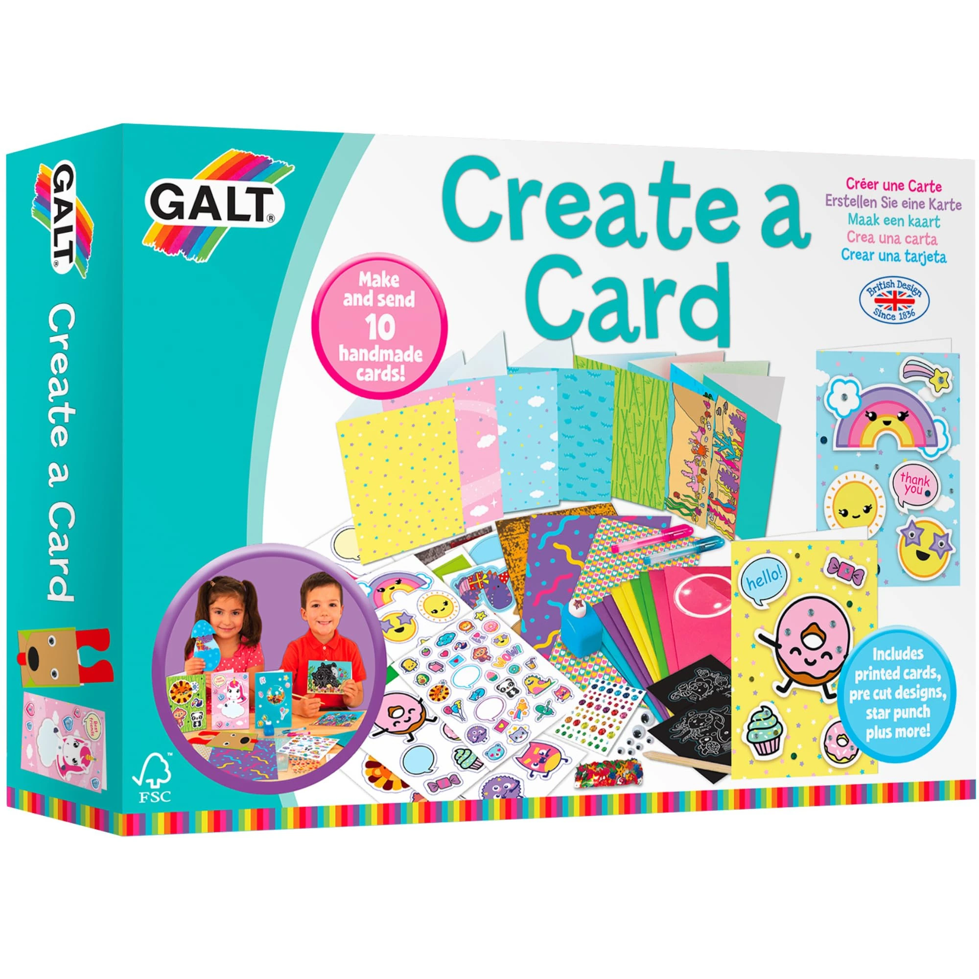 Galt Create a Card Craft Kit for Kids, Activity Set for Children, Decorate, Make & Send 10 Handmade Cards, Add Stickers, Draw, Colour & More - for Sleepovers, Birthdays & Christmas - Kids Ages 6 Plus
